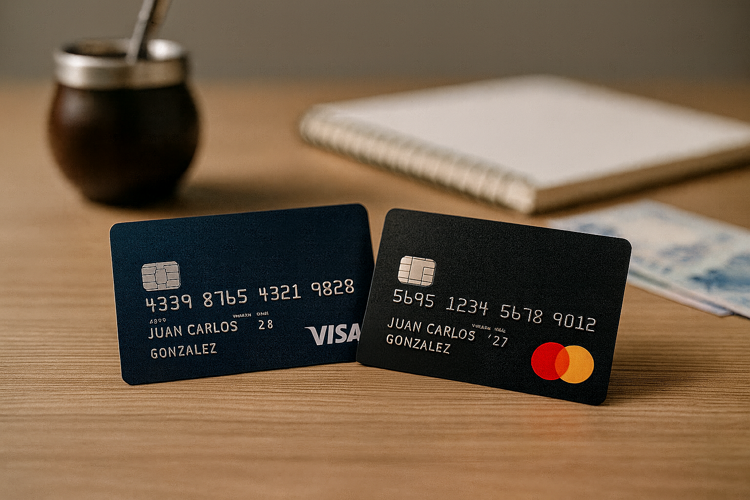 Tarjetas Visa y Mastercard sobre una mesa representando la comparativa en Argentina
