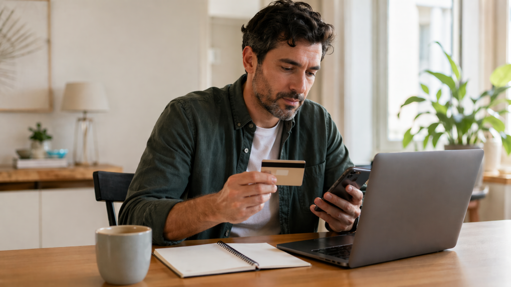 Persona leyendo en su laptop un email con opciones vinculadas a su tarjeta de crédito.