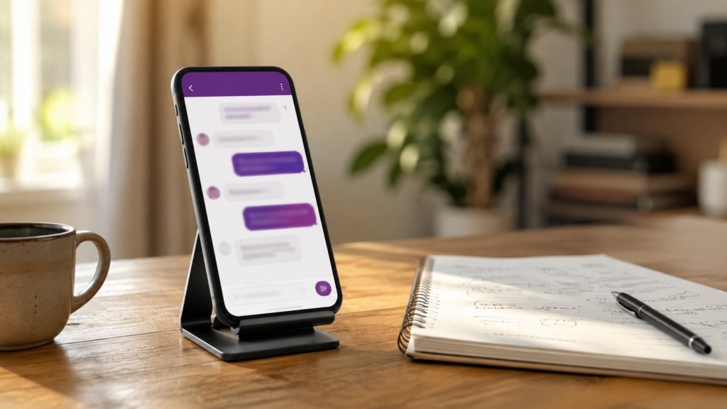 Teléfono mostrando una conversación de atención al cliente junto a una libreta