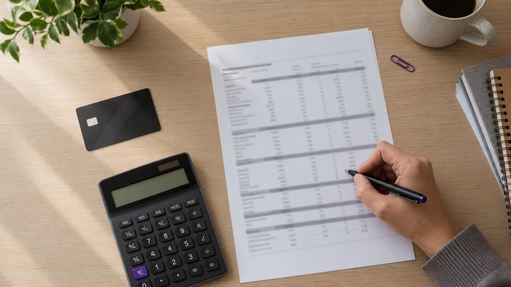 Mano calculando sobre un resumen de tarjeta de crédito junto a una calculadora